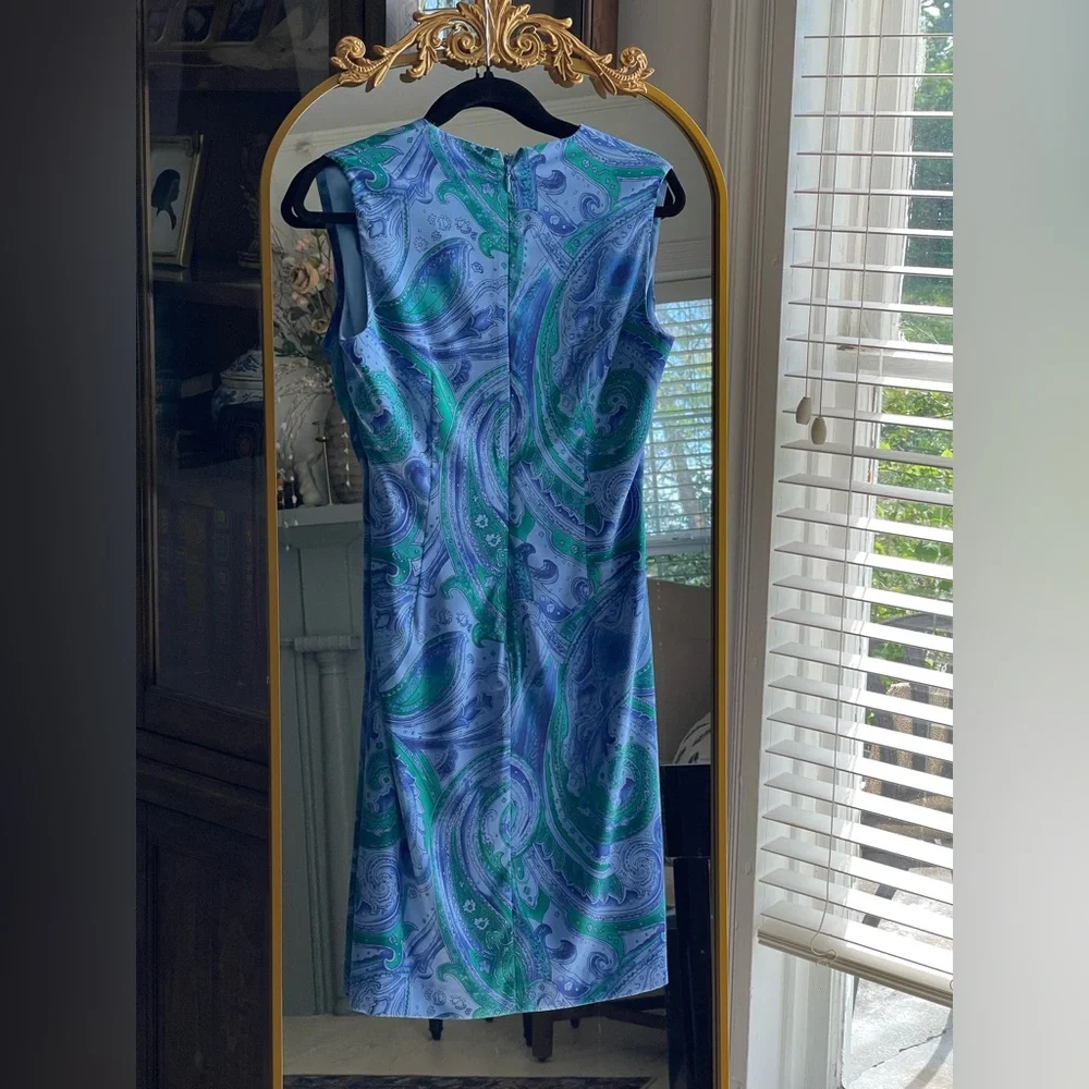 Lauren by Ralph Lauren Green & Blue Paisley Sleeveless Satin Faux Wrap Dress - Picture 6 of 12